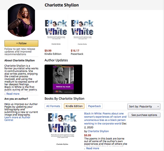 Image from computer screen of author Charlotte Shyllon's Amazon author profile page and her book Black in White.